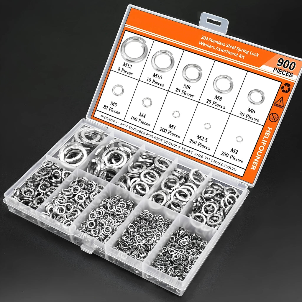 Open box showing an assortment of 304 stainless steel spring lock washers in various sizes.