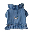 Blue denim dog dress vest with ruffles and a metal leash hook on the back for small dogs.