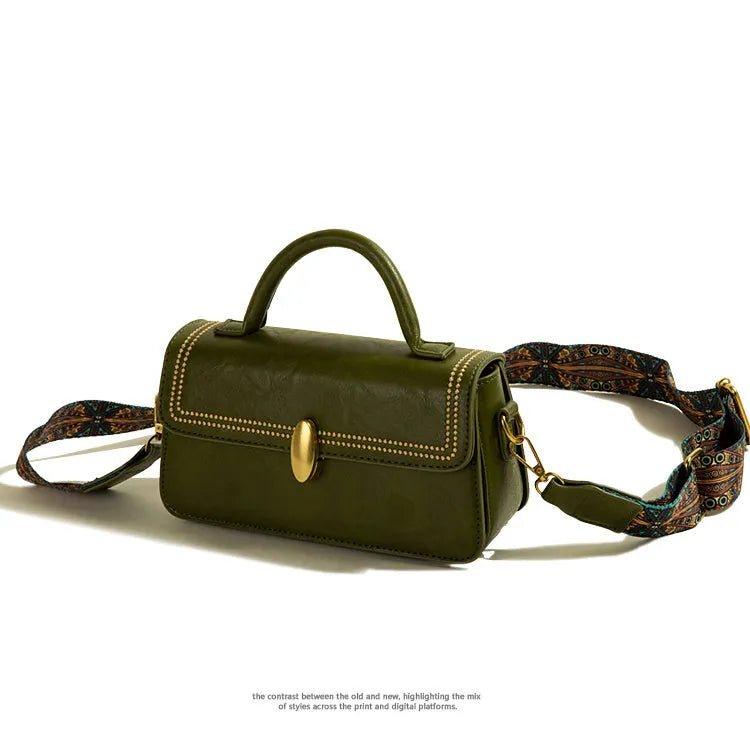 Brown retro women's messenger bag with sandwich pockets and crossbody strap showing interior phone compartment