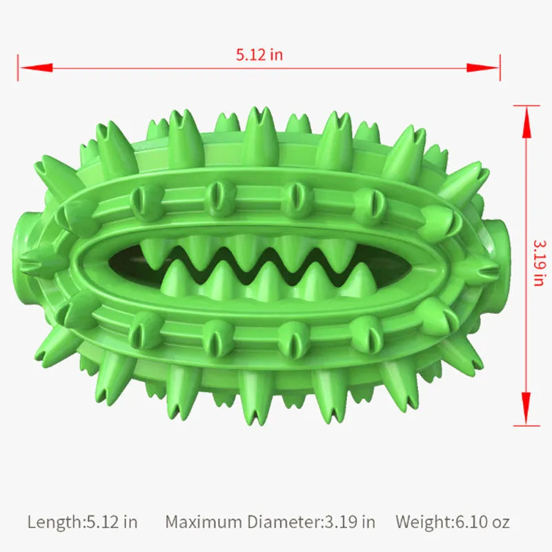 Green cactus-shaped dog chew toy with textured bumps and a central channel for dental care.
