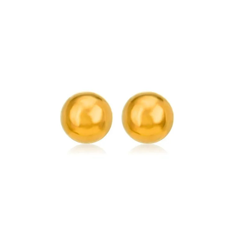 Stainless steel round ball stud earrings on a white background, showing gold and silver plated options.