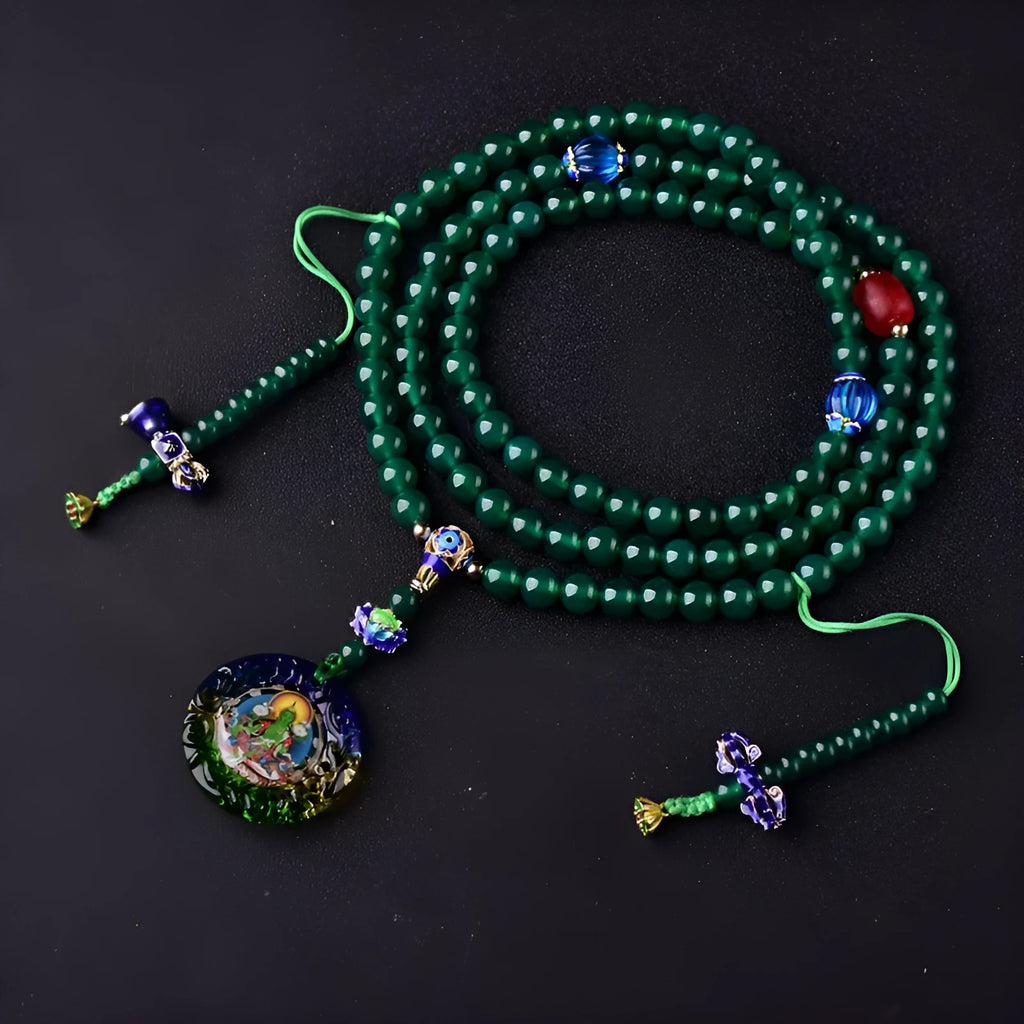 Handmade natural green agate multi-circle bracelet with Thangka pendant and certificate