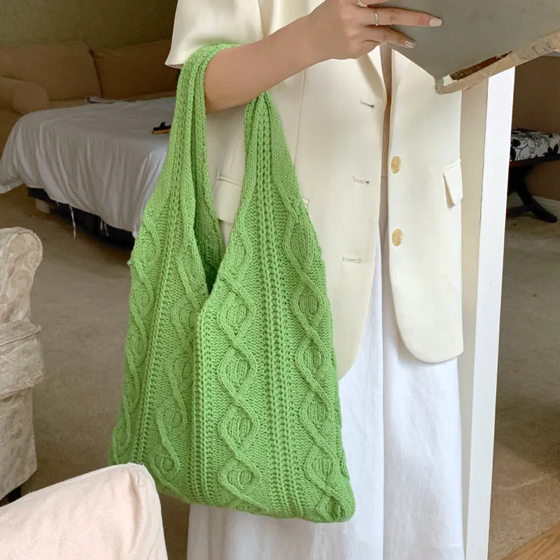 Retro hollow knitted women's shoulder tote bag with double straps in solid colour