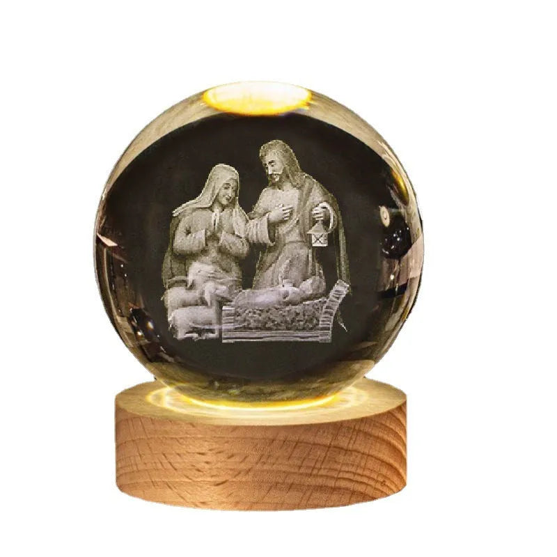 White crystal ball lamp with solid wood base and warm lighting in religious designs