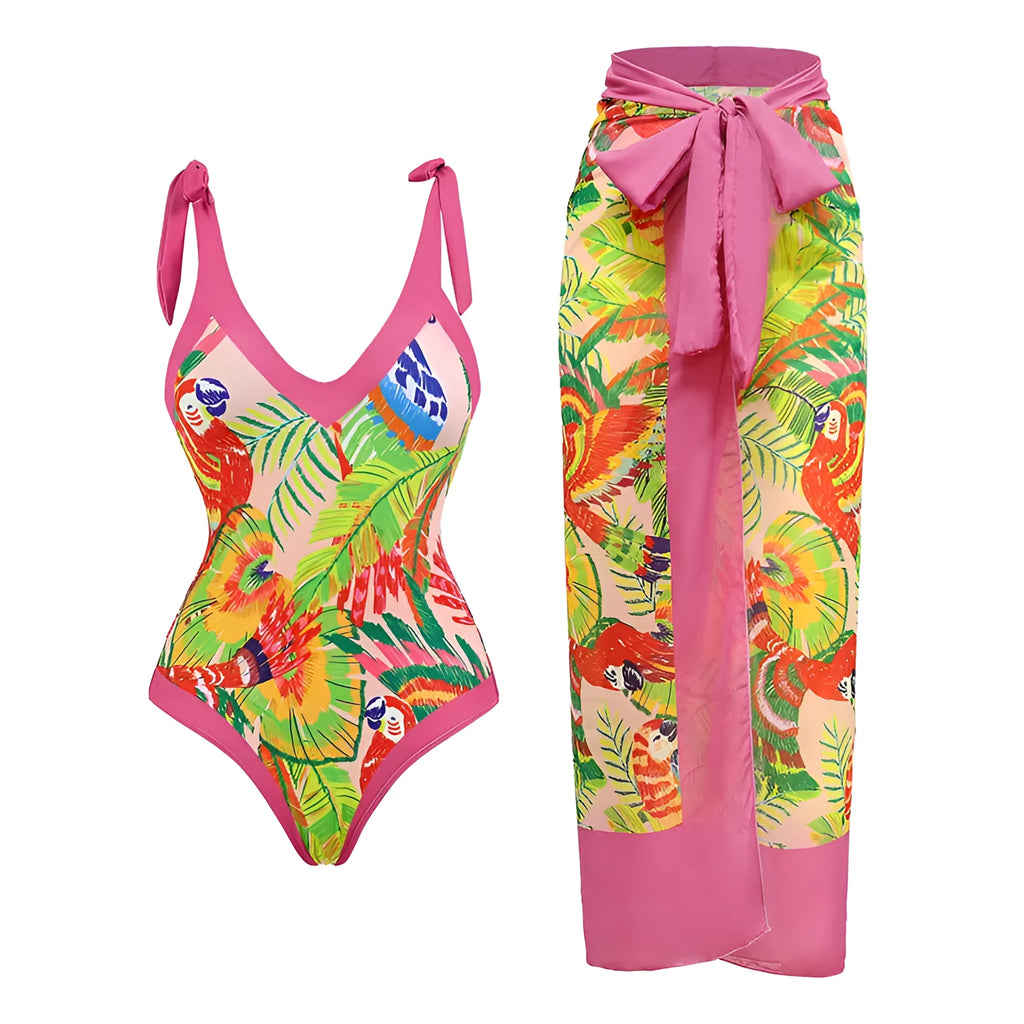 Women's solid colour one-piece swimsuit with spaghetti straps and a matching skirt.