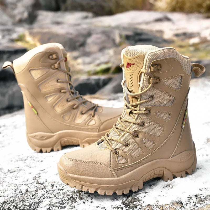 Men's beige hi-top hiking sneakers with a platform sole made from cowhide leather.