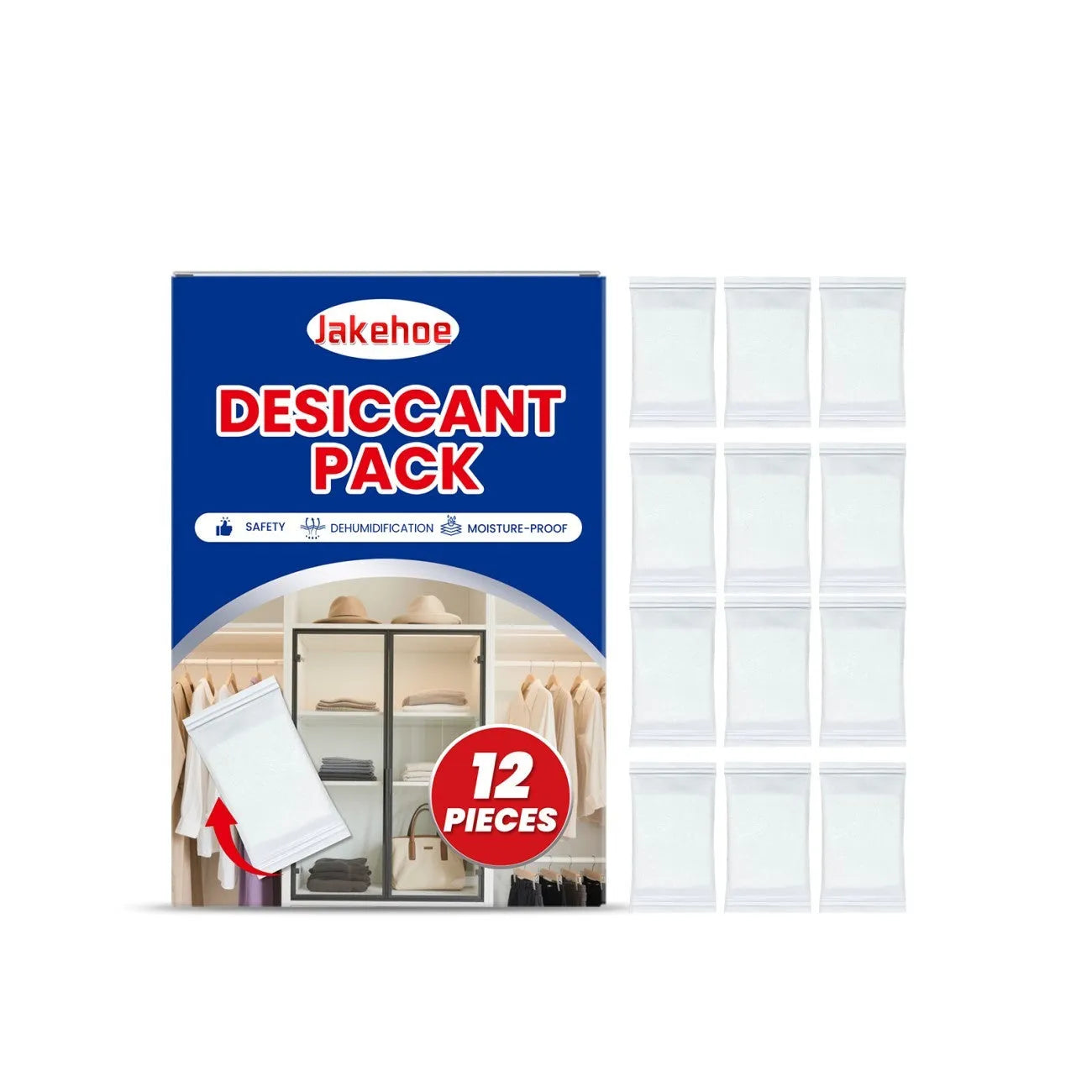 Set of 12 white anti odour desiccant packs for absorbing moisture in wardrobes and cupboards.