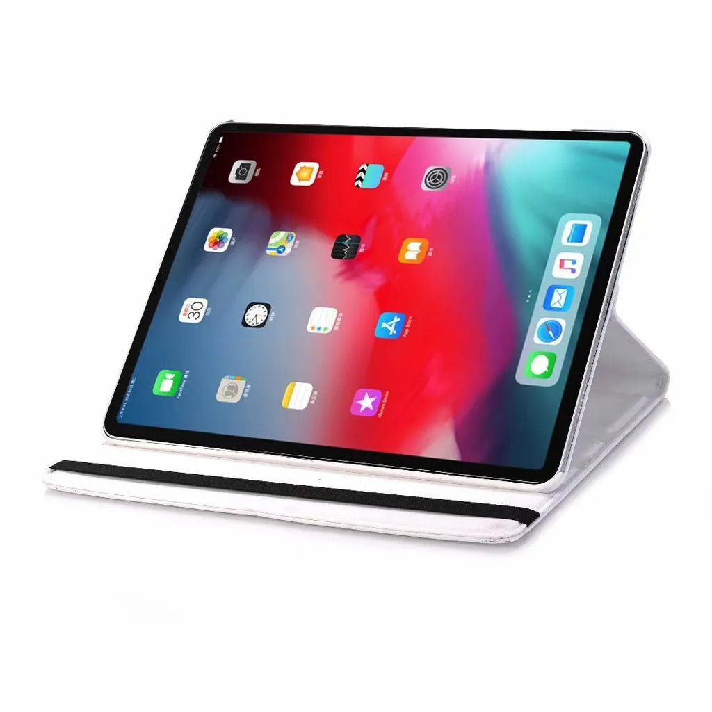 Imitation leather rotating clamshell protective sleeve for iPad and iPad Pro tablets.