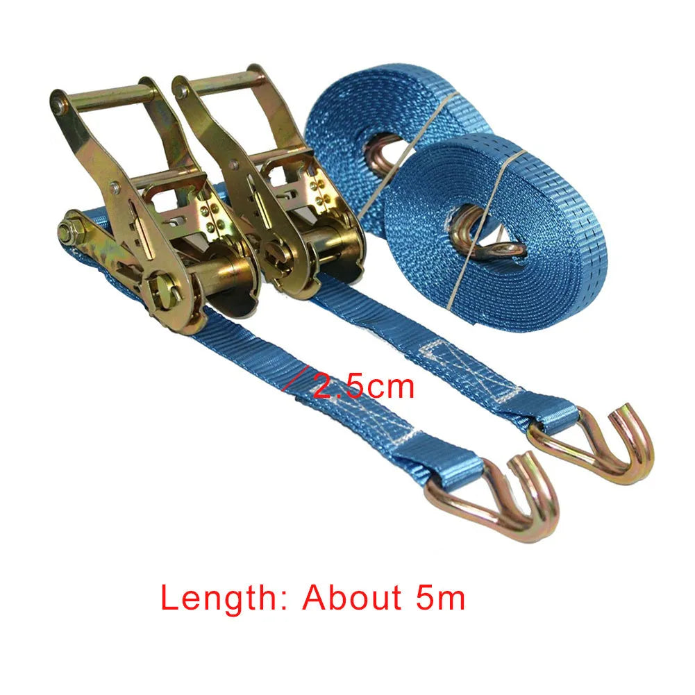 Steel ratchet tensioner with double hooks on a 25mm wide polyester binding strap