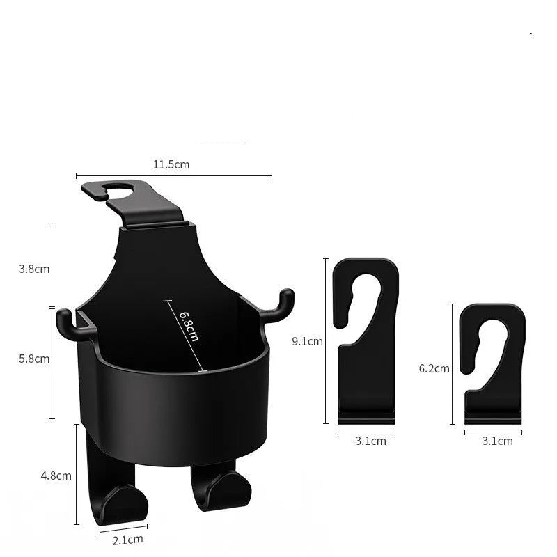 Black plastic car seat back hook and cup holder organiser measuring 8.5 by 7.1 by 14.4 centimetres