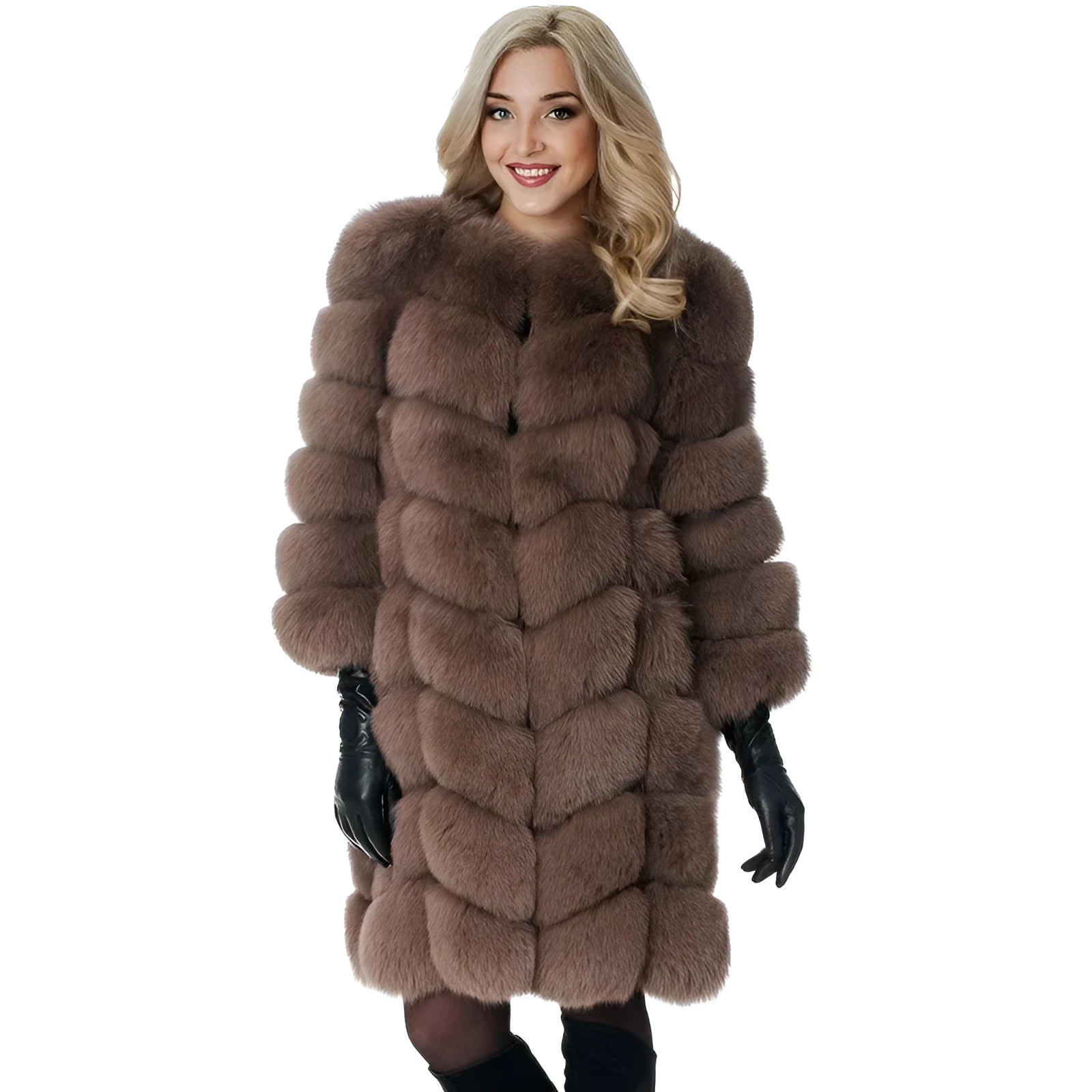 Women's long artificial fur coat in multiple colours including black, camel, and wine red, showing 80 cm length.