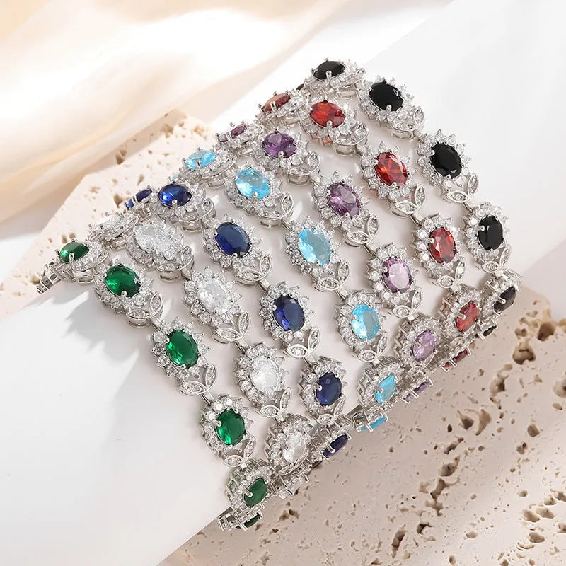 Women's simple alloy bracelet with inlaid zircon stones in nine colour variations