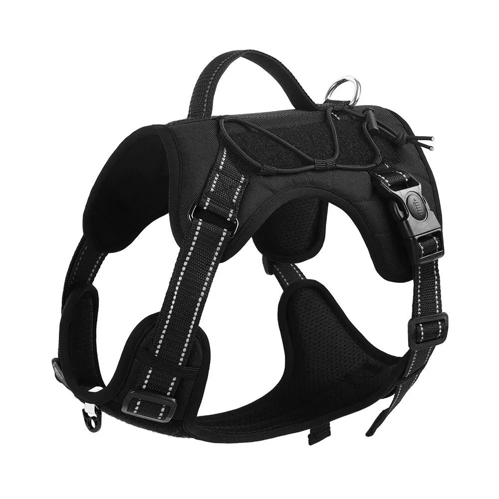 Orange reflective dog harness with explosion-proof breast strap and black hand-holding rope laid flat