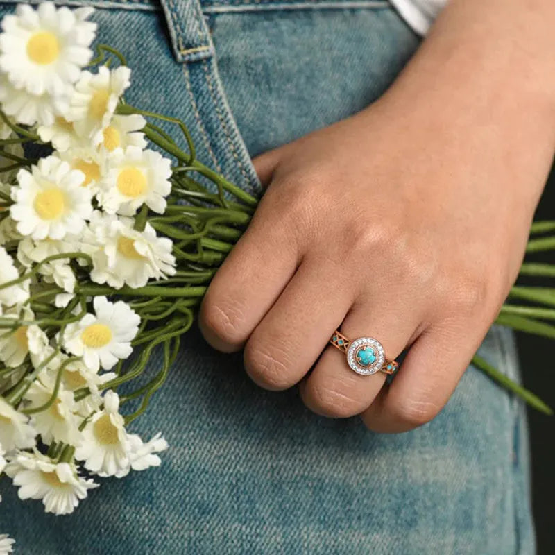 Women's geometric copper ring with turquoise ethnic style oil micro inlaid zircon treatment in rose gold colour