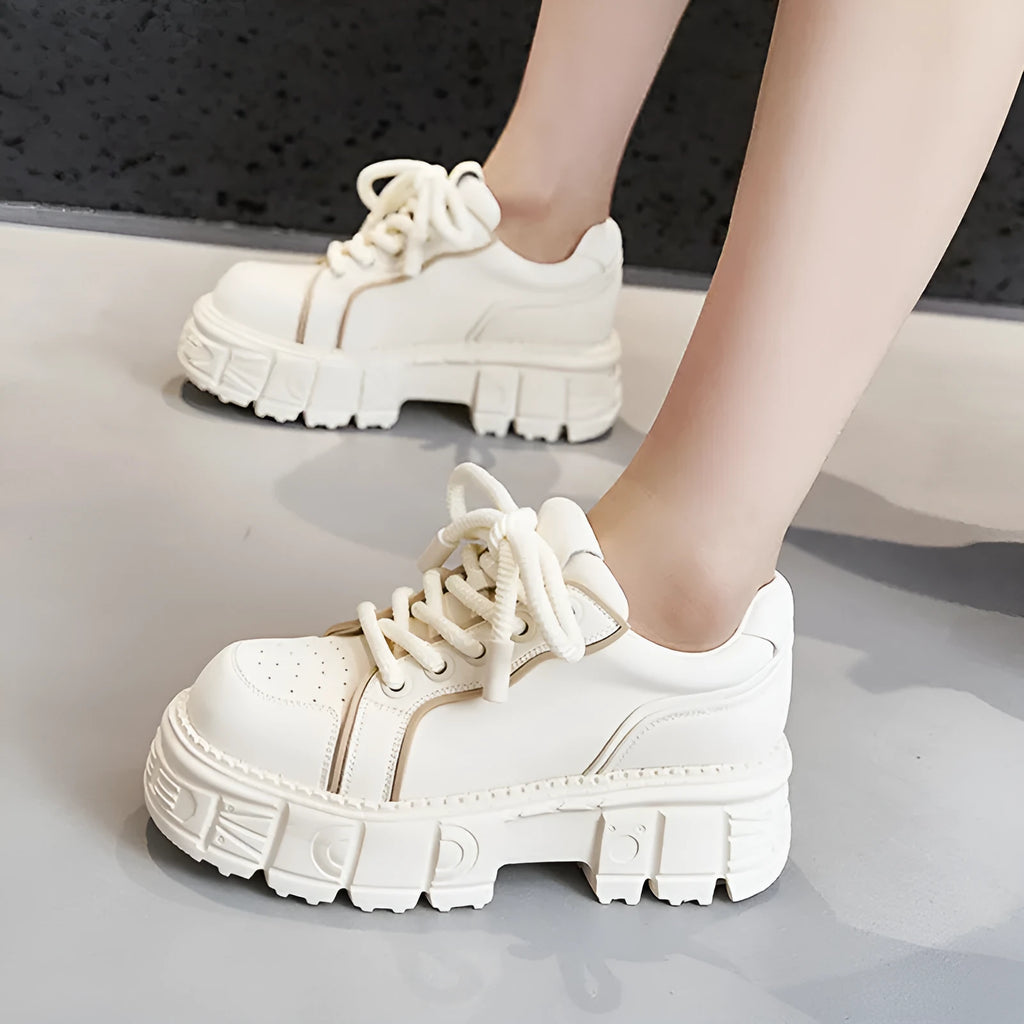 Women's spring muffin bottom casual leather shoes in beige and pink with height increasing design