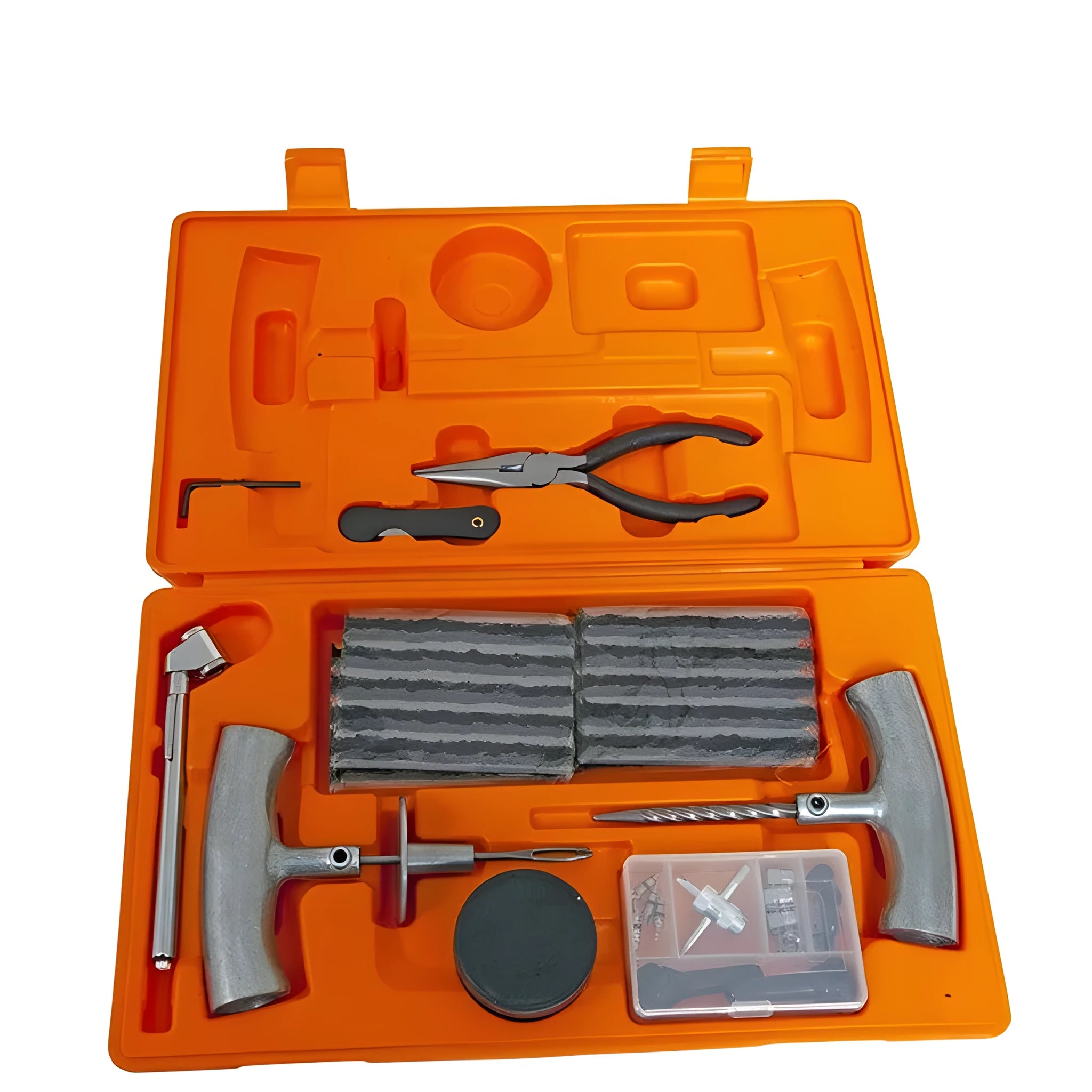 Speedy Seal emergency car tyre repair tool kit with tools laid out next to its high-visibility compact case.