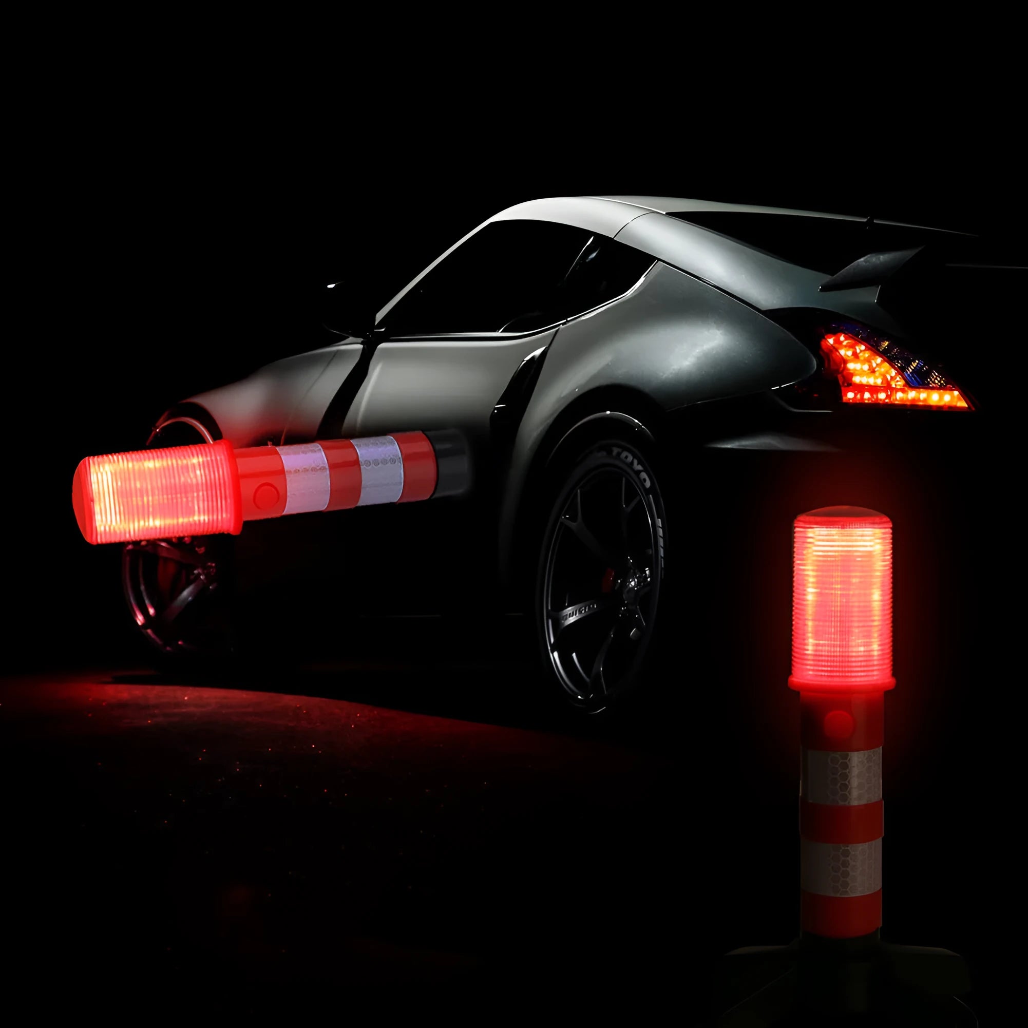 Two magnetic base emergency LED flares in plastic carry case showing suction magnet and support legs