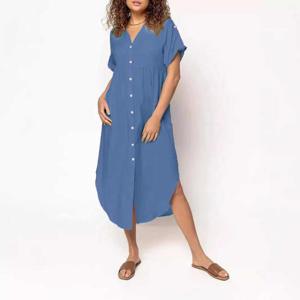Loose mid-length casual dress with button front in solid colour, shown in apricot