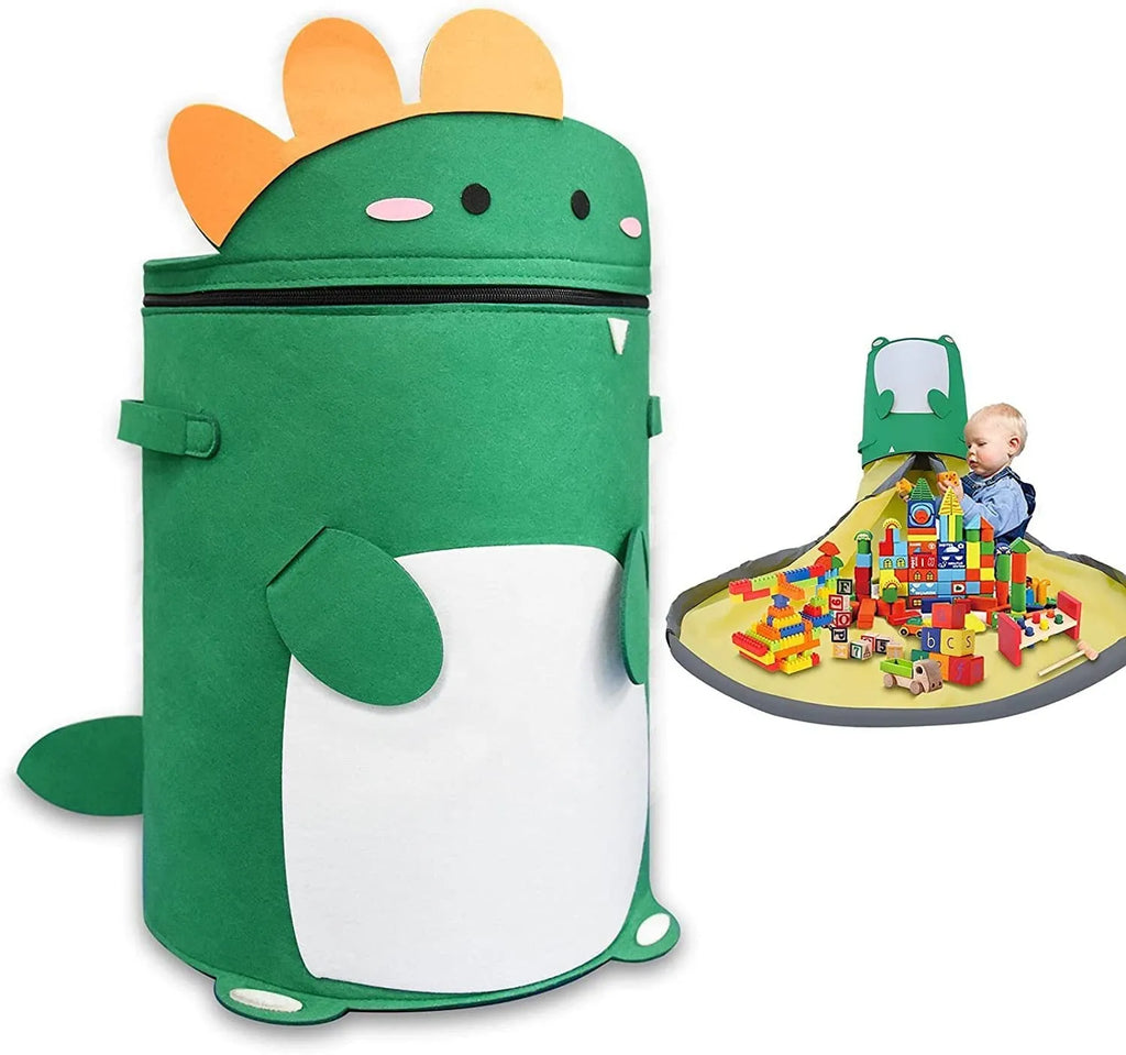 Green felt cube storage bag open as play mat with pull rope closure for children's toys