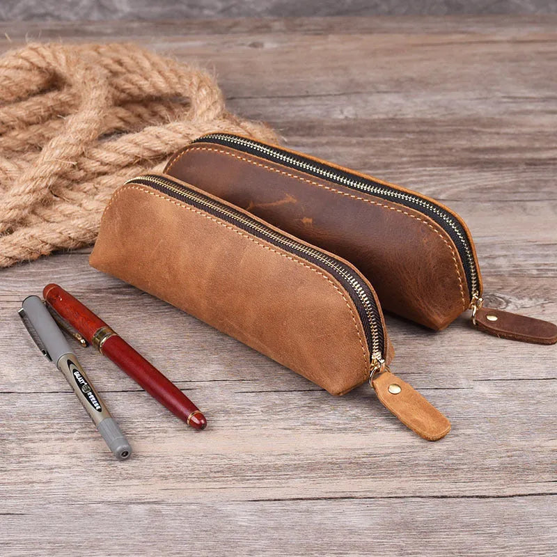 Handmade cowhide leather pencil case with zipper, square 18x6x6cm design in four colour options