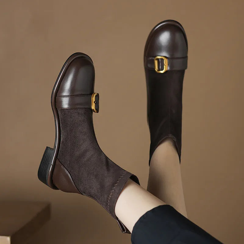 Women's black low heel Martin boots with round toe and front lace-up closure