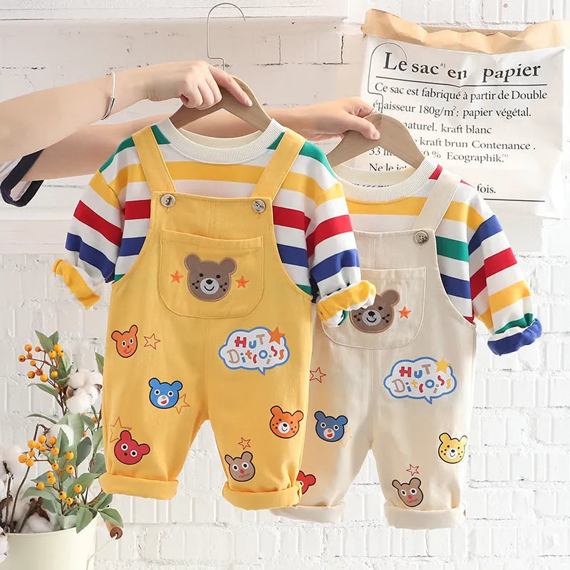 Boys' plaid cotton top overalls suit in beige with strap pants, suitable for 80-120cm height