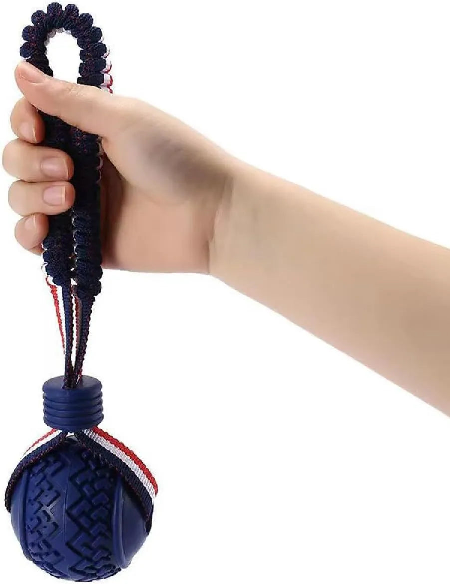 Blue dog ball with rope toy for small dogs, showing textured surface and 29cm length.
