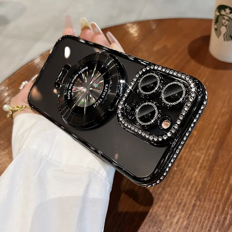 Transparent silicone iPhone case with rhinestone frame and built-in magnetic bracket in pink colour.