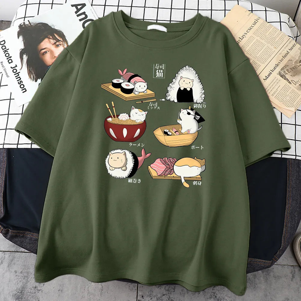 Men's black cotton t-shirt with sushi cartoon cat print design, short sleeves, loose fit