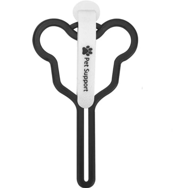 Hands-free dog poo bag holder with velcro strap attached to a dog lead.