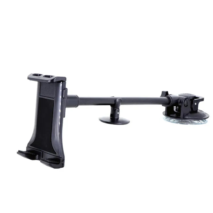 Black vehicle-mounted tablet holder with adjustable 4-12 inch arm and suction cup mount