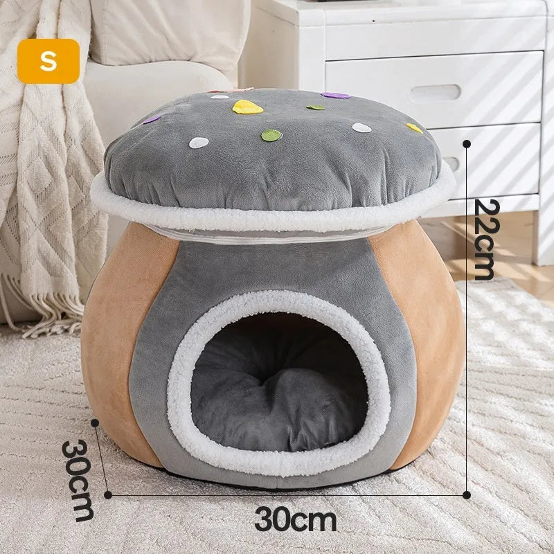 Grey mushroom-shaped cat nest bed with a detachable plush blanket for indoor cats.