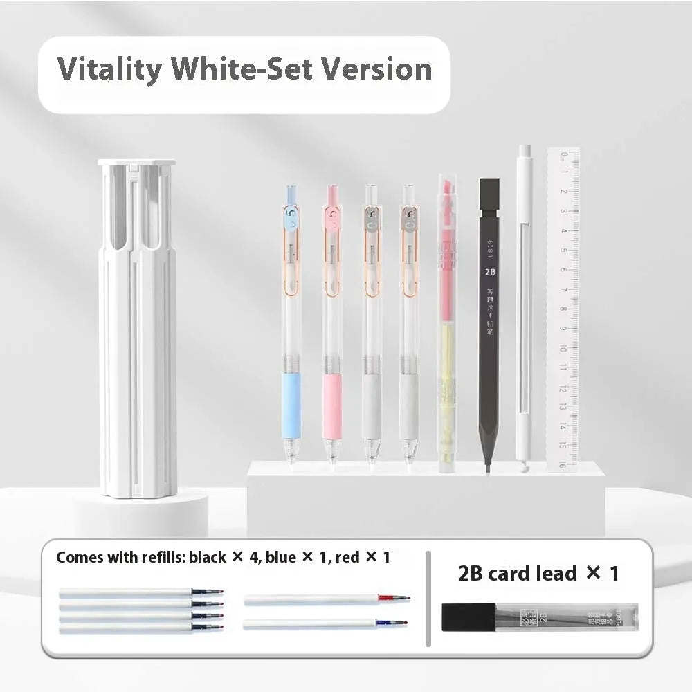 Plastic pressing pen pencil box kit in white, blue, or pink, showing six-pen and sixteen-pen suite options.