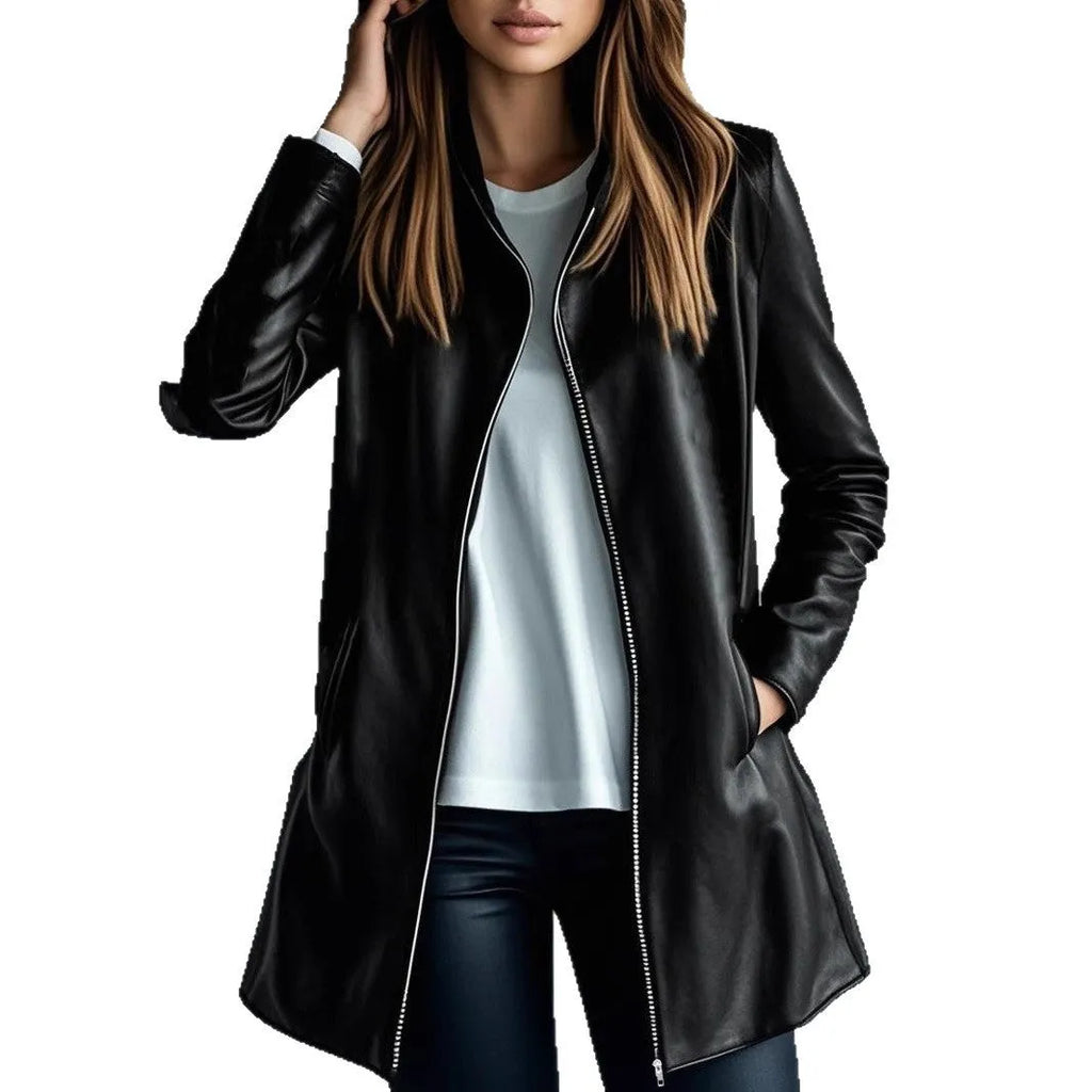 Black women's polyester leather jacket with medium length and long sleeves