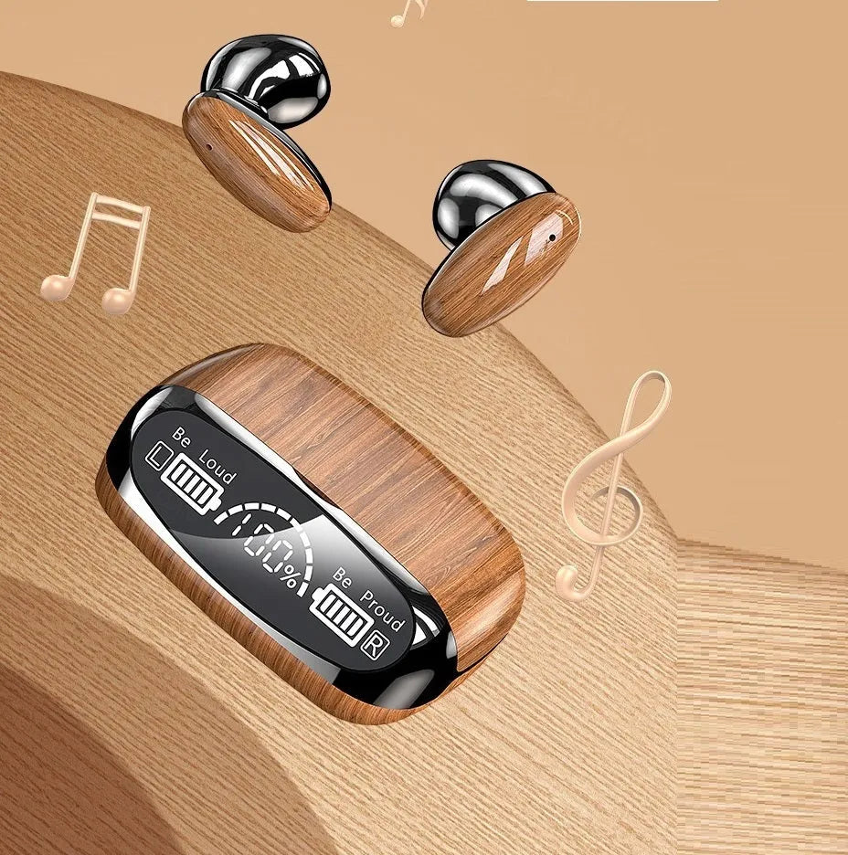 M35 wood grain Bluetooth headphones with charging case showing wood texture finish