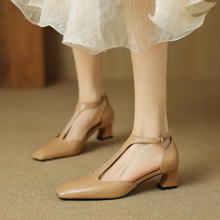 Women's wine red French retro square toe chunky heel buckle shoes made of sheepskin leather