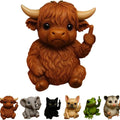 Mini resin animal doll in vertical middle finger pose - available in seven animal designs including cat, dog, elephant, frog, highland cattle, mouse, and turtle