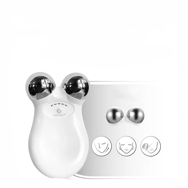 Pink or white HS-858 micro current facial lifting and firming device measuring 106mm by 65mm.