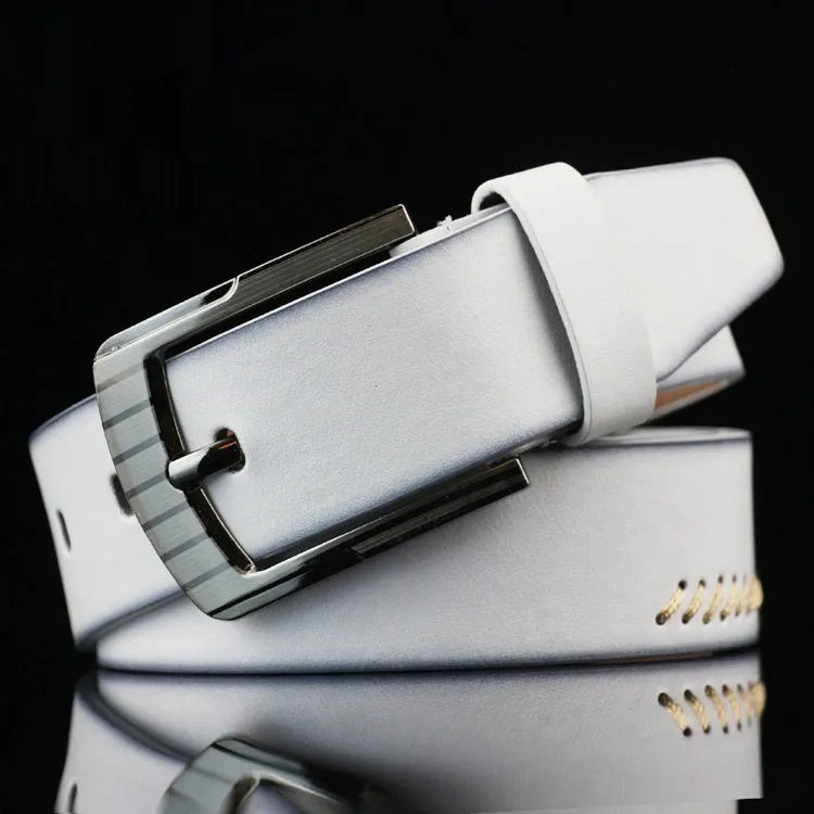 Men's retro-style imitation leather belt with pin buckle in black, brown, or white