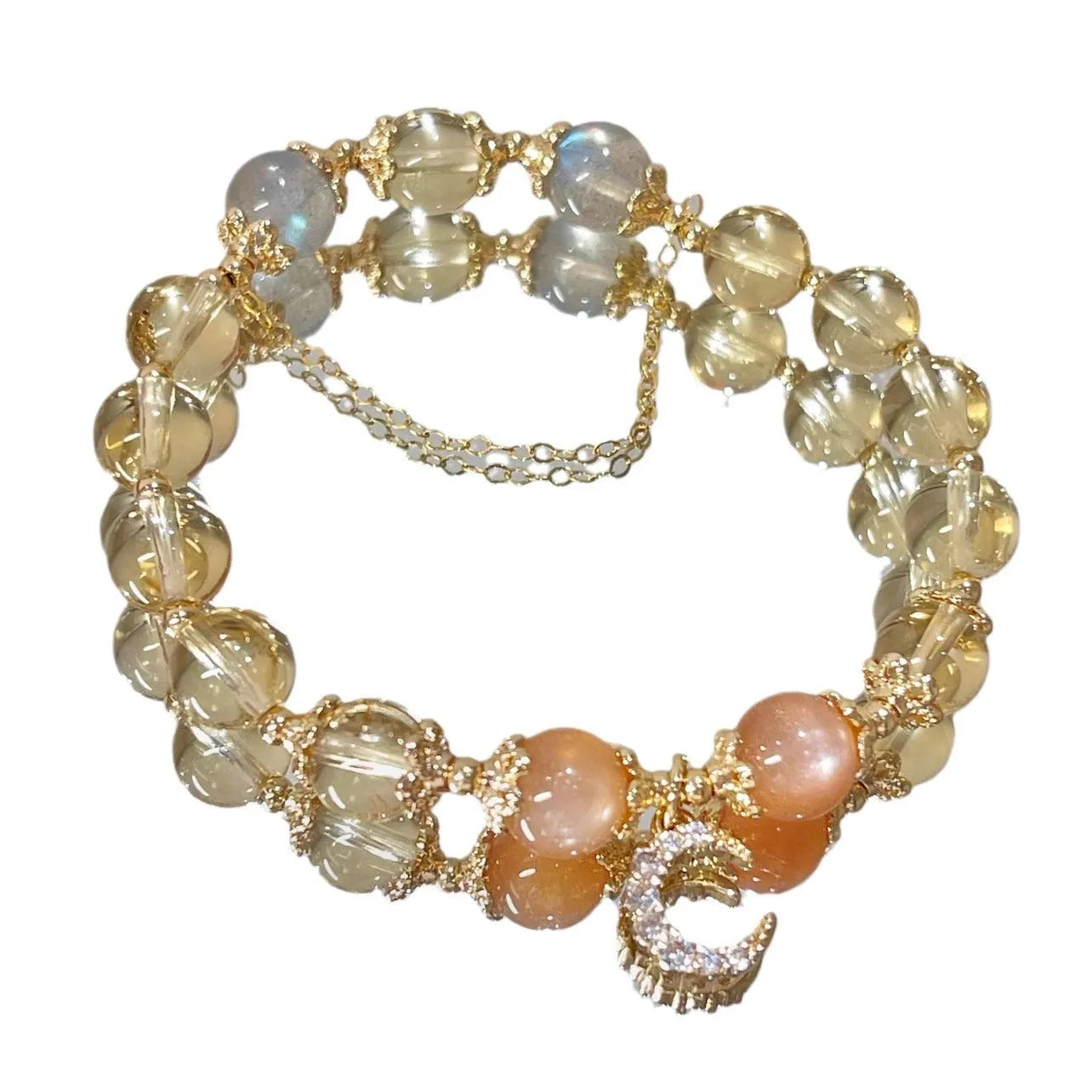 Chinese style crystal bracelet with 14K electroplated gilding and diamond-shaped citrine moon coloured elements