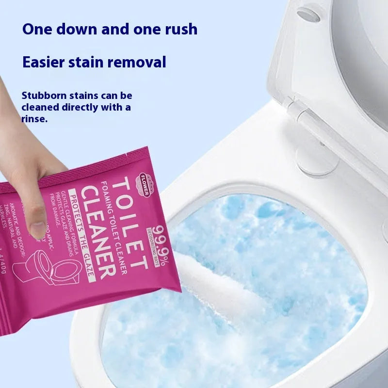 Toilet cleaning effervescent foam powder in blue ocean and pink floral fragrance options.