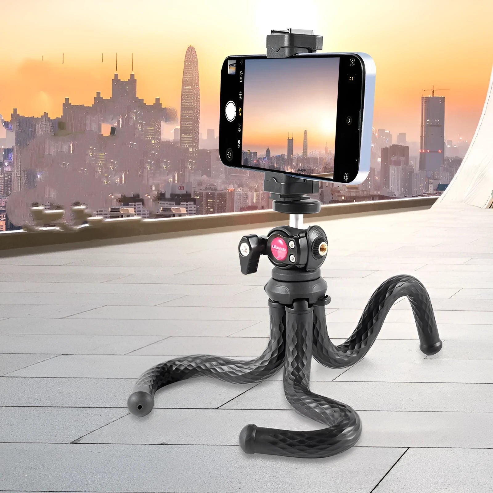 Black octopus mobile phone clip gimbal tripod set with adjustable legs and aluminium alloy construction