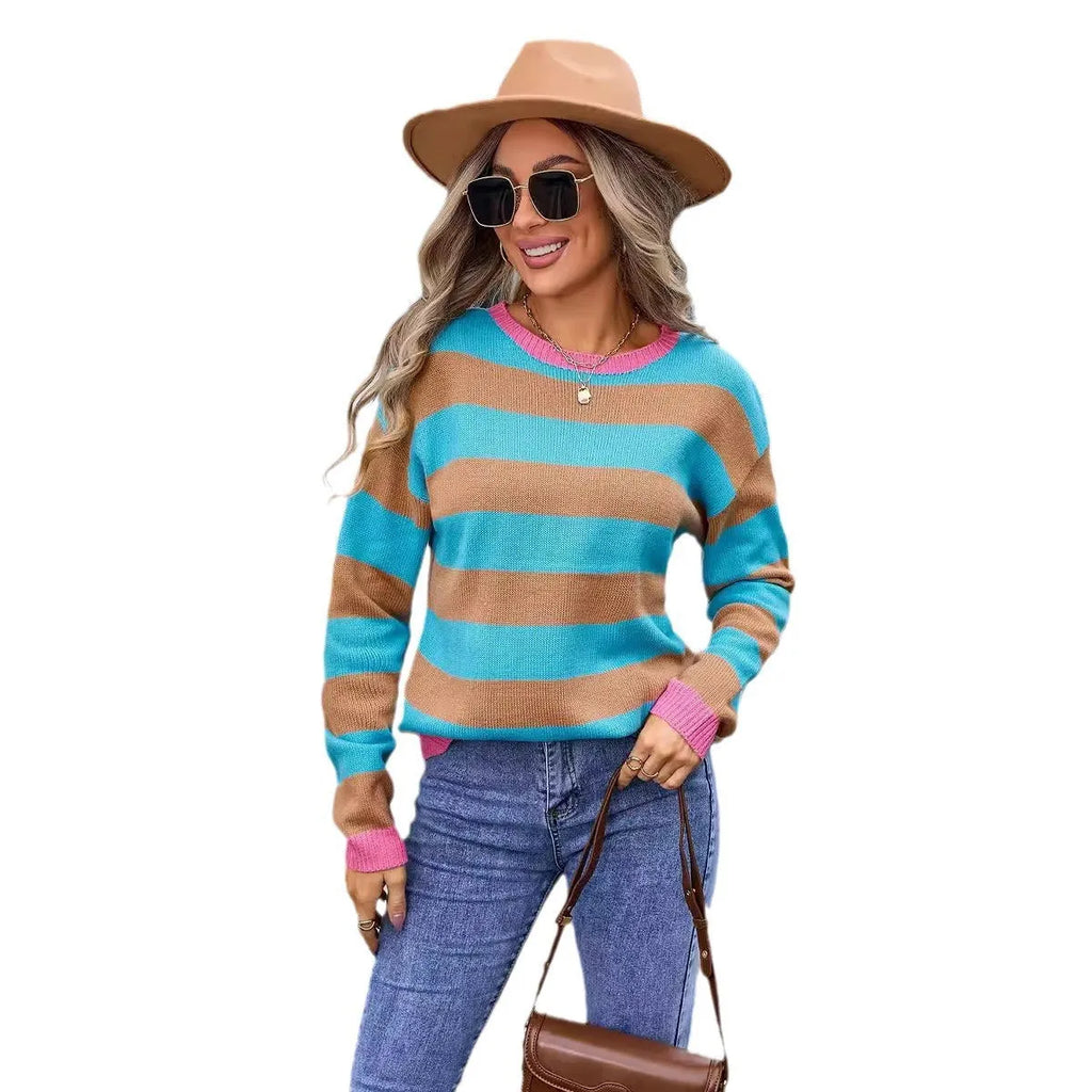 Women's loose fit long sleeve acrylic sweater in blue, round neck