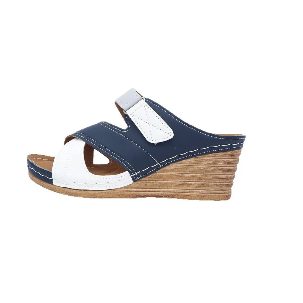 Women's platform wedge slippers with adjustable Velcro strap in fish mouth toe design, showing colour options