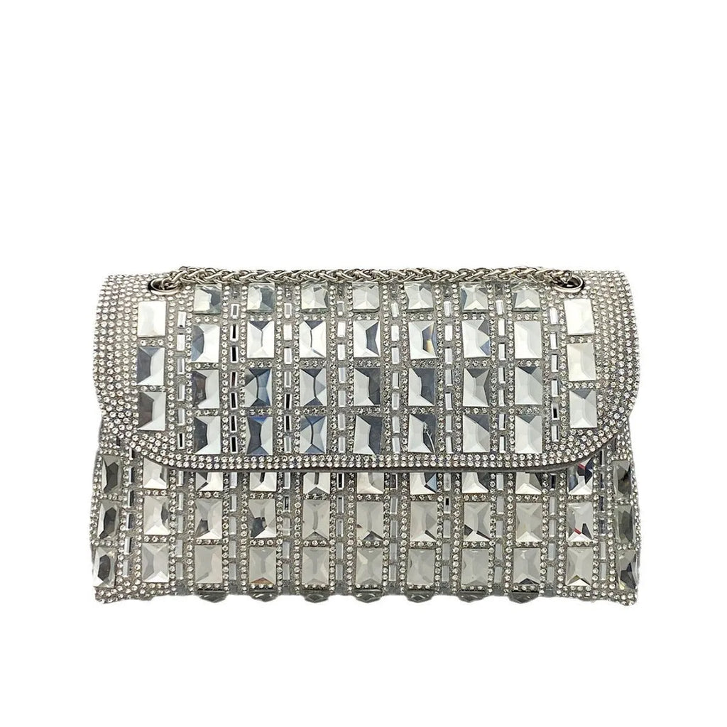 Shiny glass rhinestone chain clutch in horizontal square PU shape with black colour and open pocket