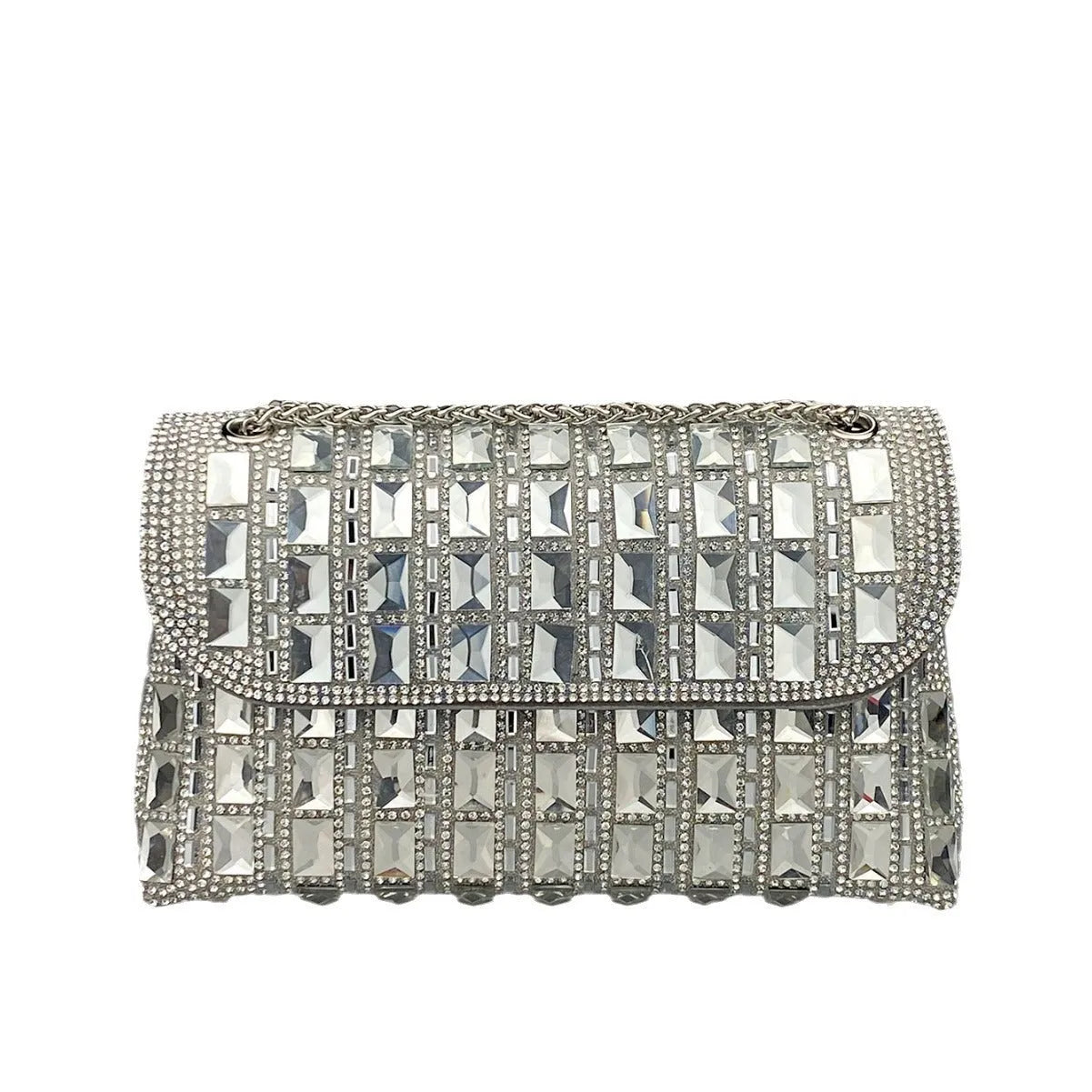 Shiny glass rhinestone chain clutch in horizontal square PU shape with black colour and open pocket
