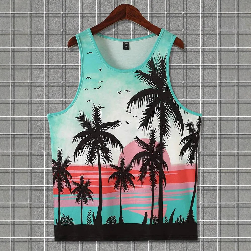 Men's Hawaiian style sleeveless tank top in polyester pinhole cloth showing solid colour option