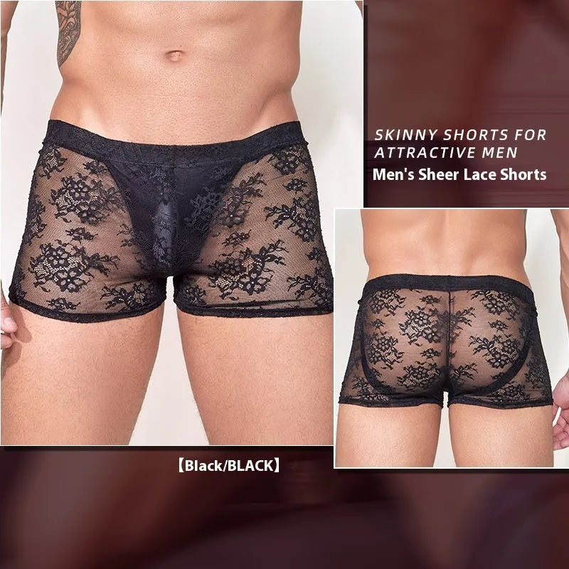 Nylon men's boxers with lace detailing in black, red, and white colour options.