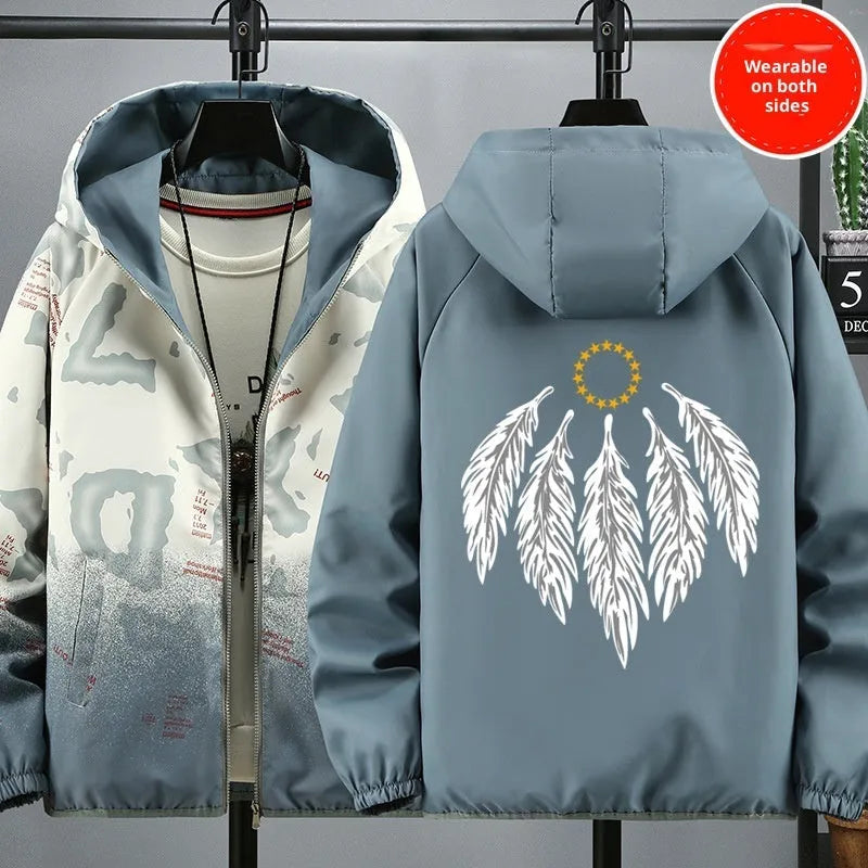 Men's reversible printed casual jacket in polyester, Chinese Style Beige colour, shown in front view
