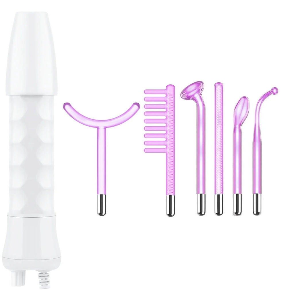 Purple high-frequency beauty electrotherapy rod with six accessory heads for professional skin treatments